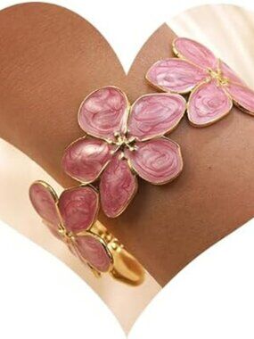 NEW Boho Pink Gold Flower Bracelet Dainty Gold Floral Open Cuff Summer Vacation